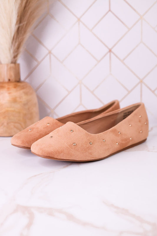 "Don't Be Rude" Camel Faux Suede Flats W/ Rose Gold Studding - Whiskey Skies - CORKYS FOOTWEAR