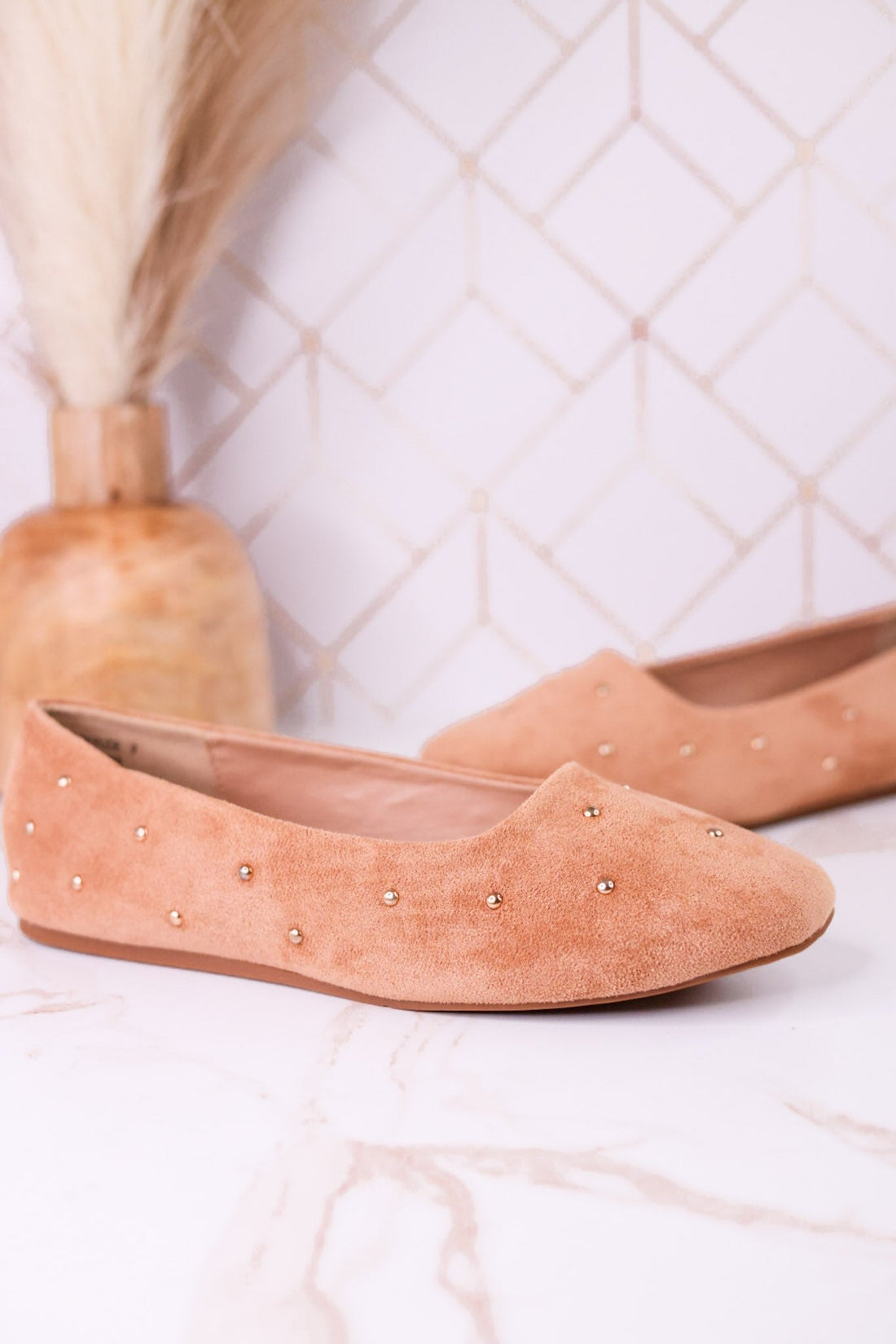 "Don't Be Rude" Camel Faux Suede Flats W/ Rose Gold Studding - Whiskey Skies - CORKYS FOOTWEAR