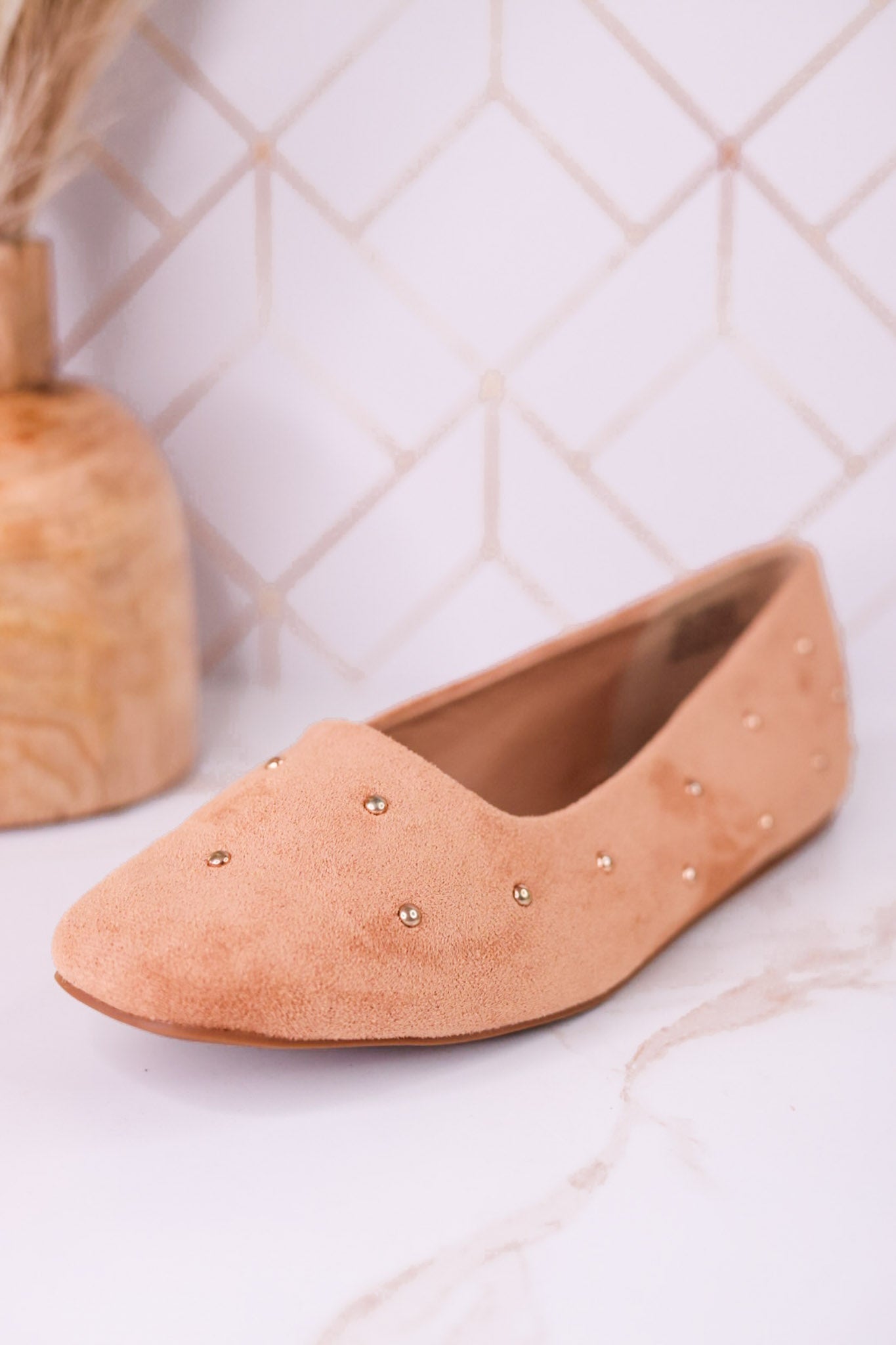 "Don't Be Rude" Camel Faux Suede Flats W/ Rose Gold Studding - Whiskey Skies - CORKYS FOOTWEAR