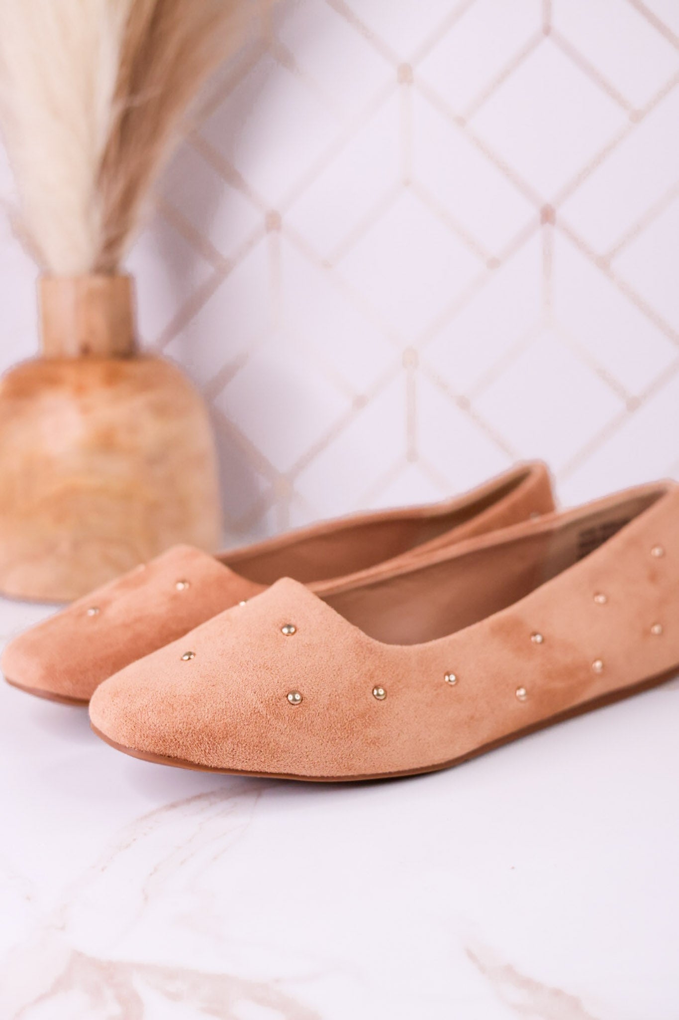 "Don't Be Rude" Camel Faux Suede Flats W/ Rose Gold Studding - Whiskey Skies - CORKYS FOOTWEAR
