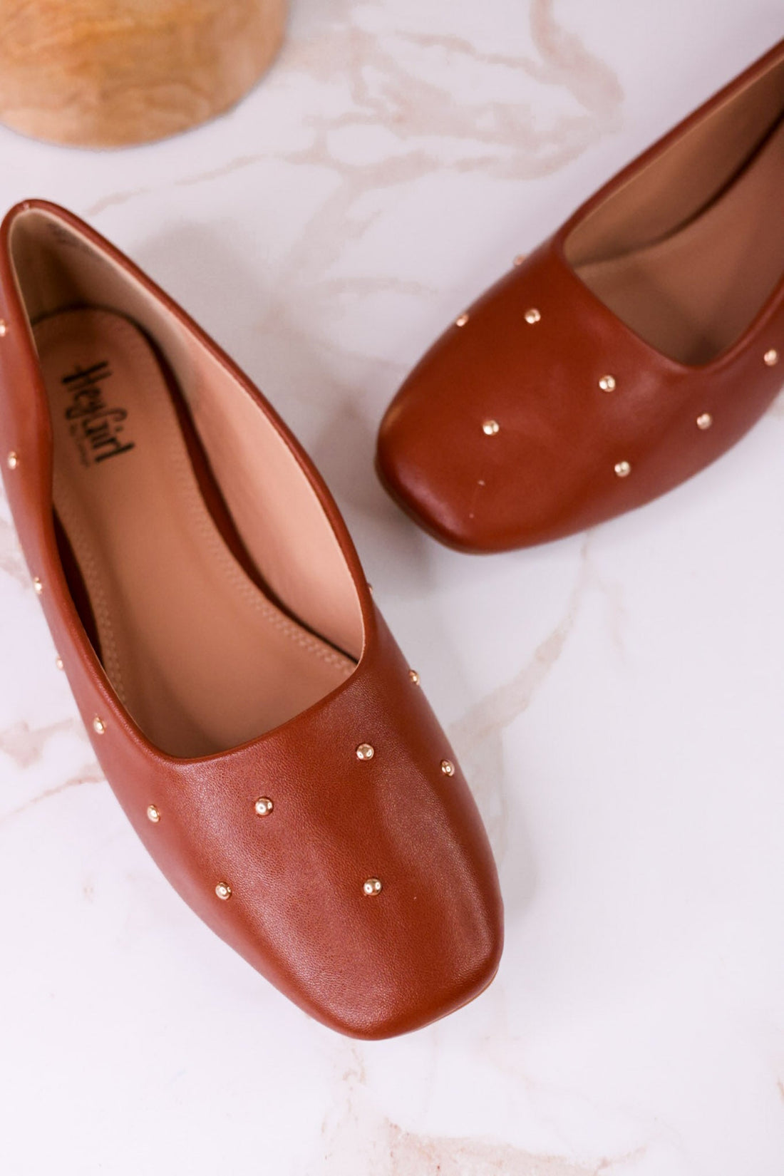 "Don't Be Rude" Cognac Flats W/ Rose Gold Studding - Whiskey Skies - CORKYS FOOTWEAR