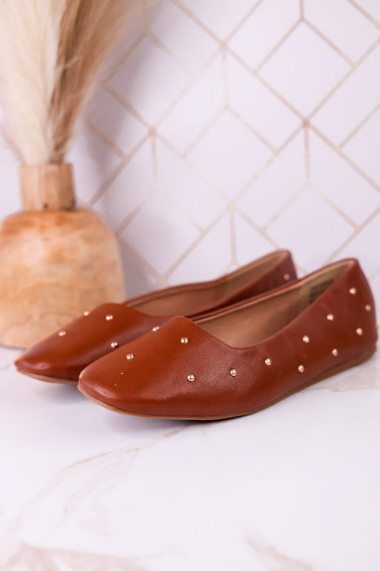 "Don't Be Rude" Cognac Flats W/ Rose Gold Studding - Whiskey Skies - CORKYS FOOTWEAR