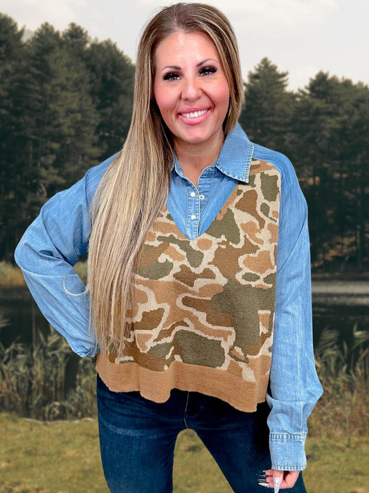 Doubleshift Denim & Camouflage Sweater Vest Top - Whiskey Skies - 2 FLY CO.