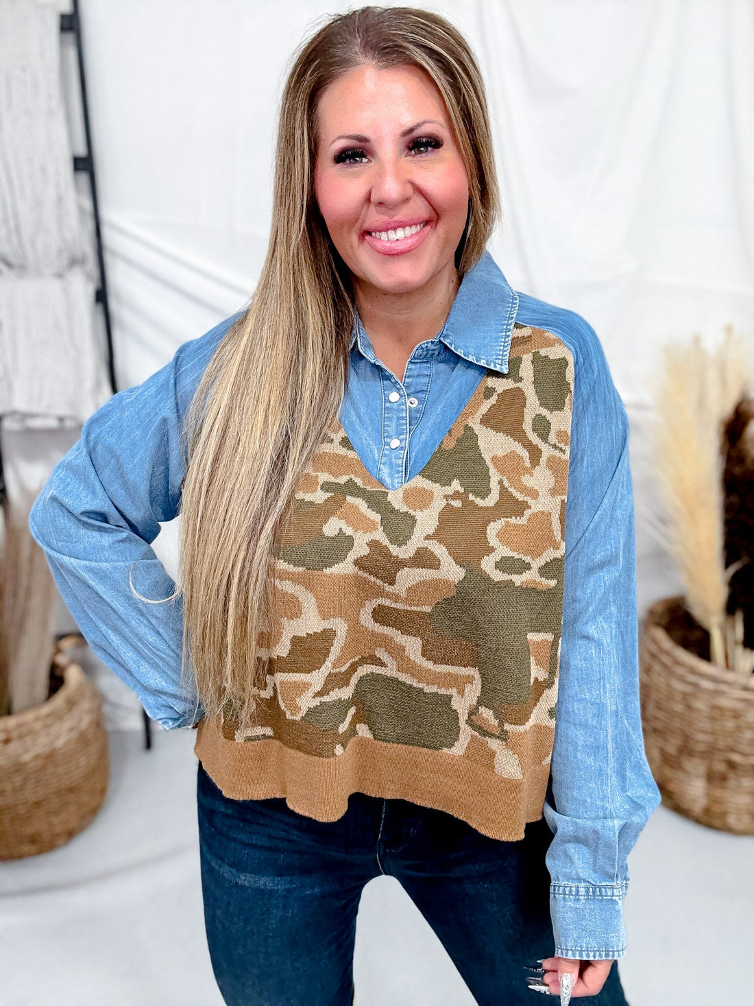 Doubleshift Denim & Camouflage Sweater Vest Top - Whiskey Skies - 2 FLY CO.