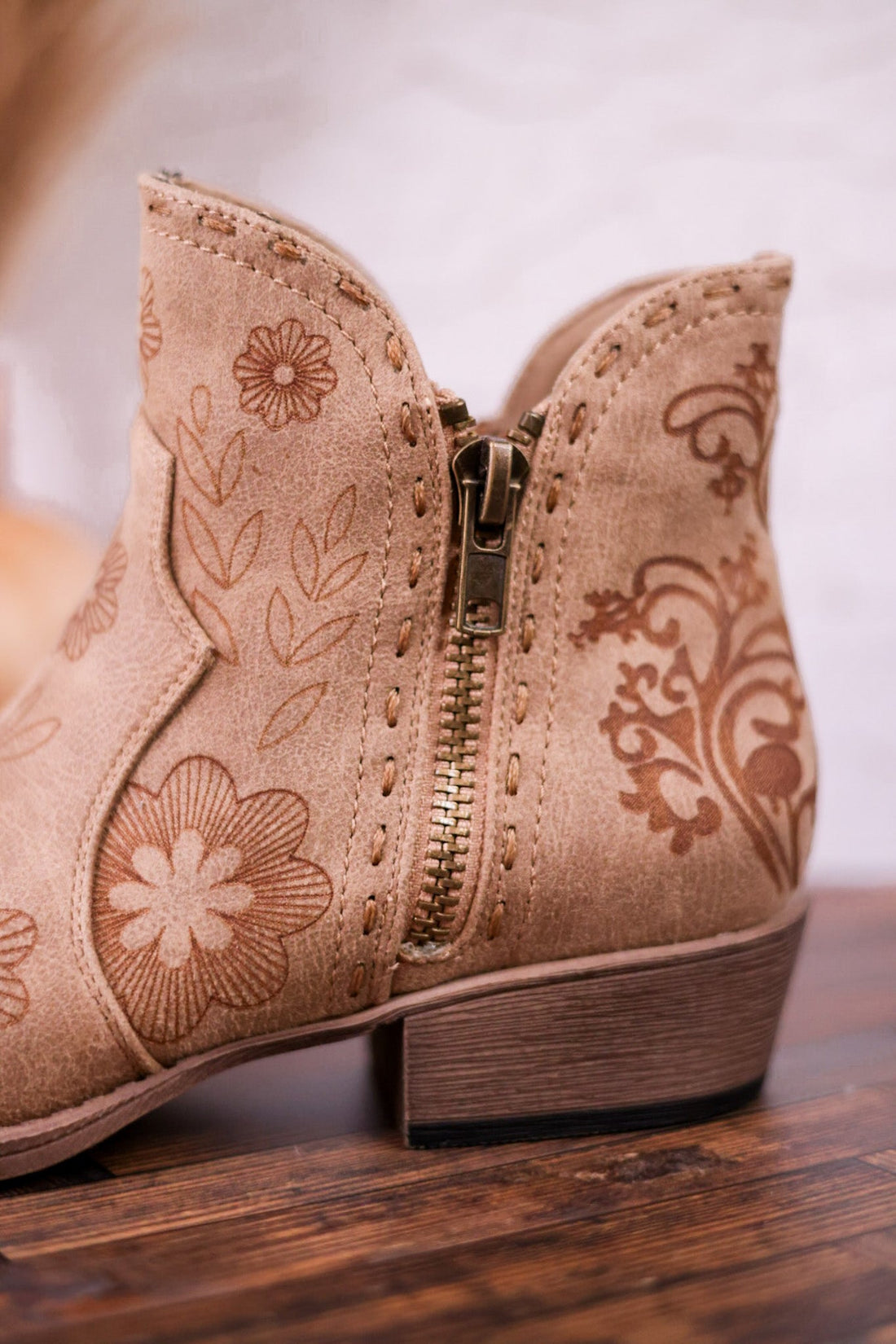 Drift Tan Ankle Booties with Floral Stitching - Whiskey Skies - VERY G