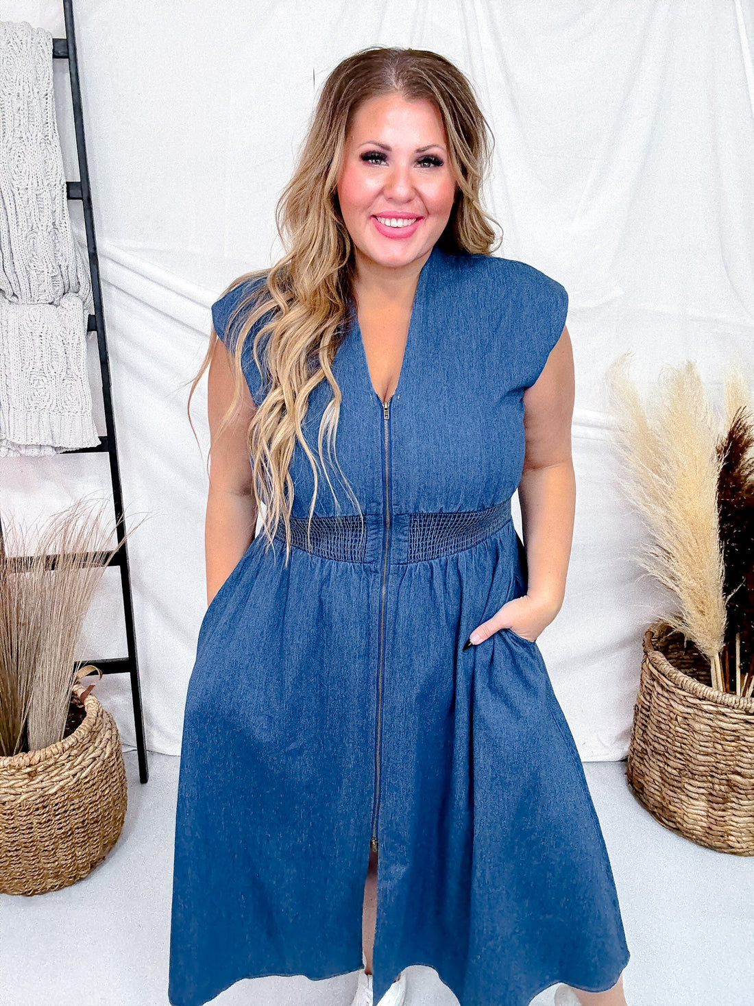 Drop Shoulder Denim Blue Front Zip Midi Dress - Whiskey Skies - SHE + SKY