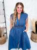 Drop Shoulder Denim Blue Front Zip Midi Dress - Whiskey Skies - SHE + SKY