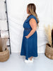 Drop Shoulder Denim Blue Front Zip Midi Dress - Whiskey Skies - SHE + SKY