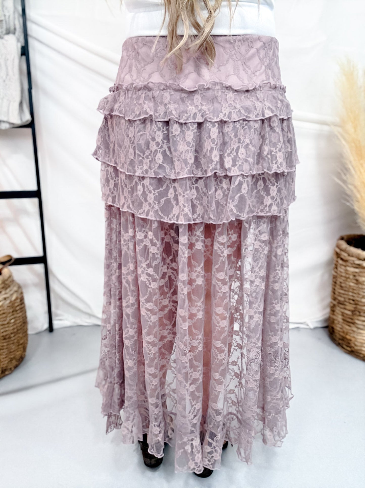 Dusty Lavender Lace Tiered Maxi Skirt - Whiskey Skies - POLAGRAM + BAEVELY
