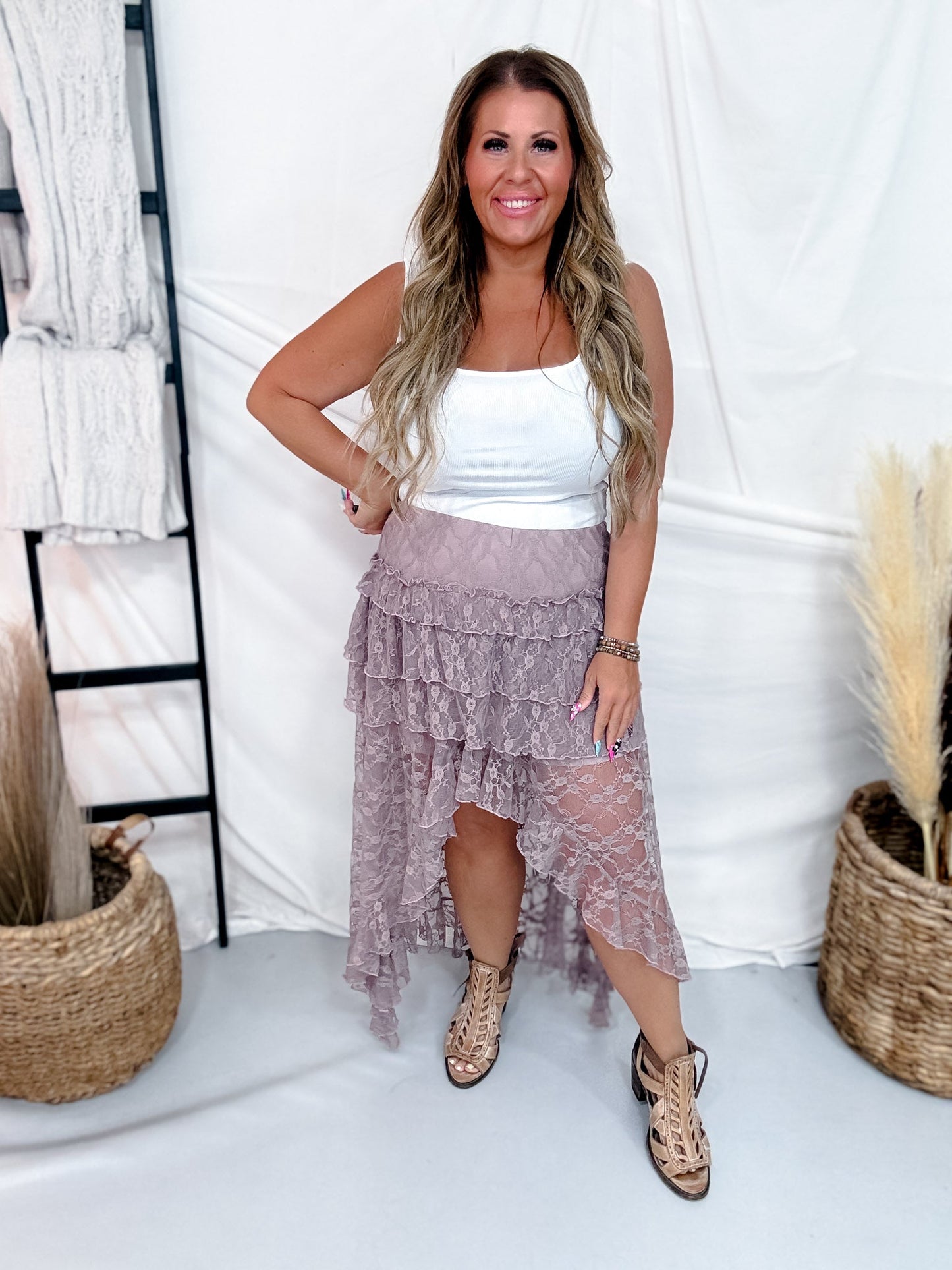 Dusty Lavender Lace Tiered Maxi Skirt - Whiskey Skies - POLAGRAM + BAEVELY