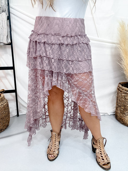 Dusty Lavender Lace Tiered Maxi Skirt - Whiskey Skies - POLAGRAM + BAEVELY