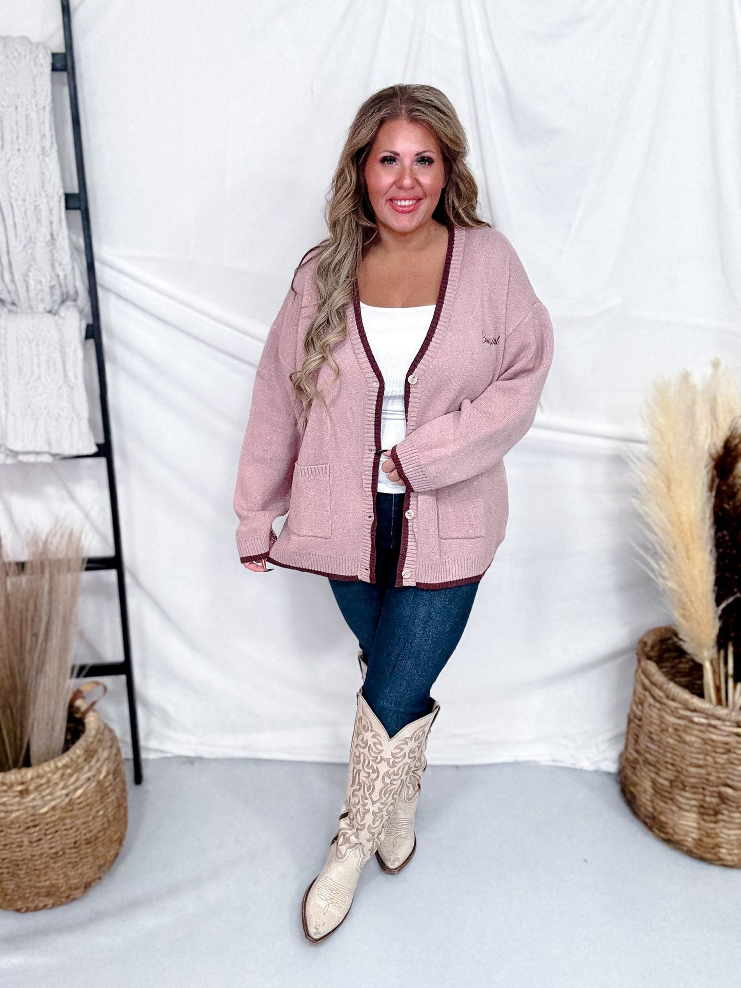 Dusty Pink "Found My Cowboy" Cardigan - Whiskey Skies - POLAGRAM + BAEVELY