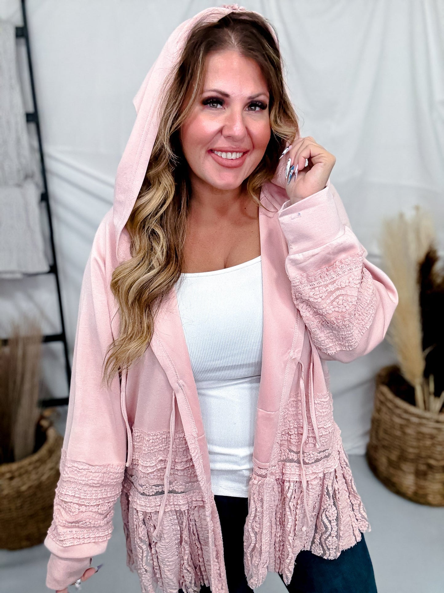 Dusty Pink Laced Front Tie Hooded Jacket Cardigan - Whiskey Skies - J.NNA
