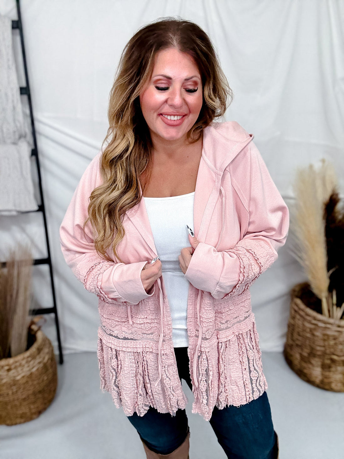 Dusty Pink Laced Front Tie Hooded Jacket Cardigan - Whiskey Skies - J.NNA