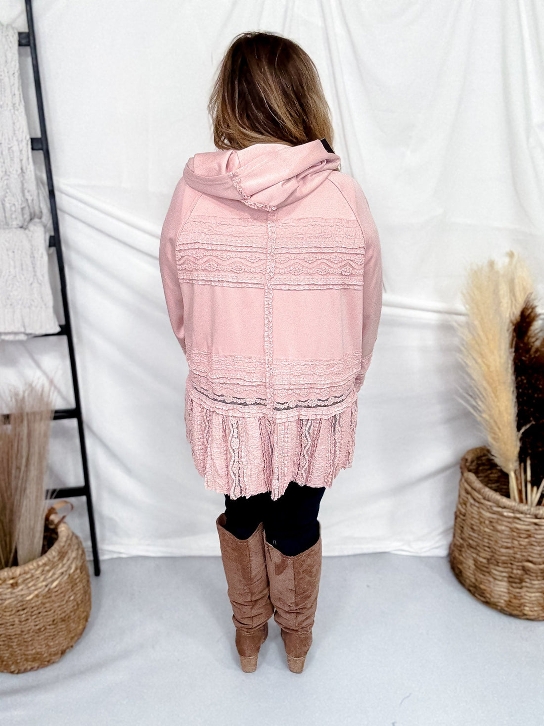 Dusty Pink Laced Front Tie Hooded Jacket Cardigan - Whiskey Skies - J.NNA