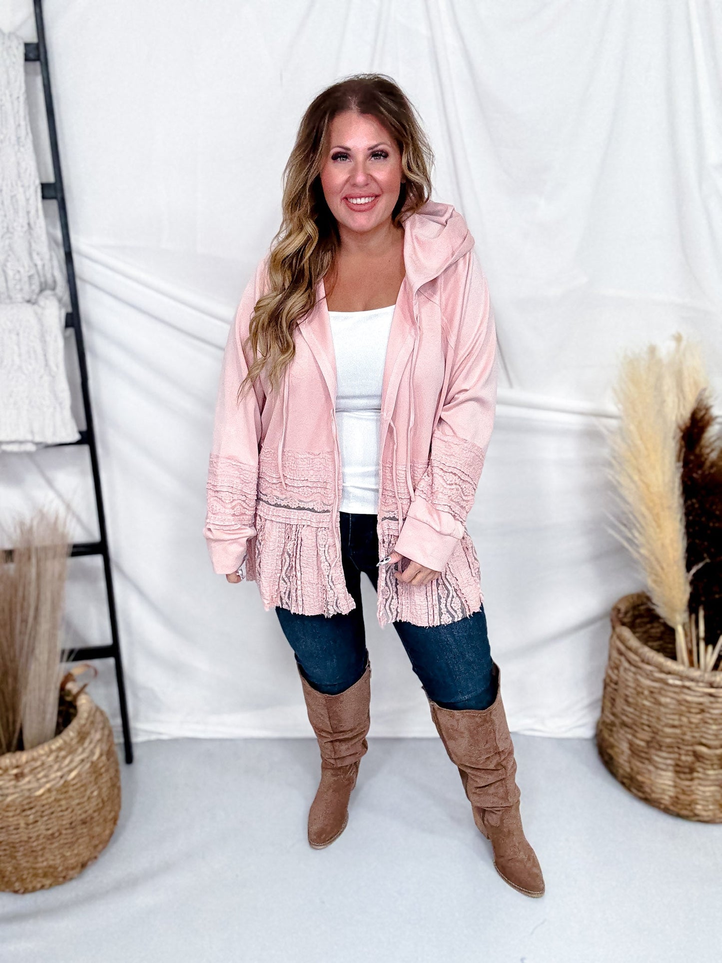 Dusty Pink Laced Front Tie Hooded Jacket Cardigan - Whiskey Skies - J.NNA