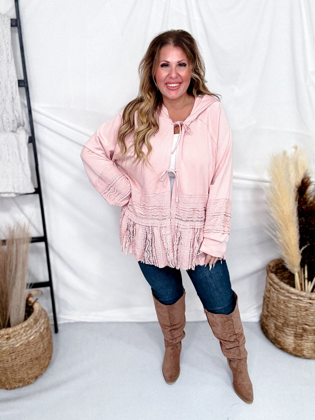 Dusty Pink Laced Front Tie Hooded Jacket Cardigan - Whiskey Skies - J.NNA