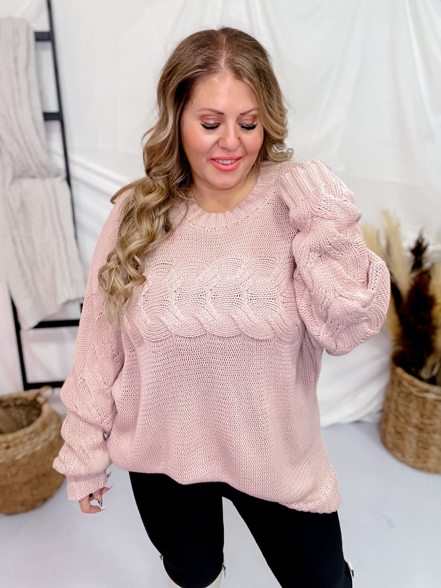 Dusty Rose Cable Knit Sweater - Whiskey Skies - WHITE BIRCH