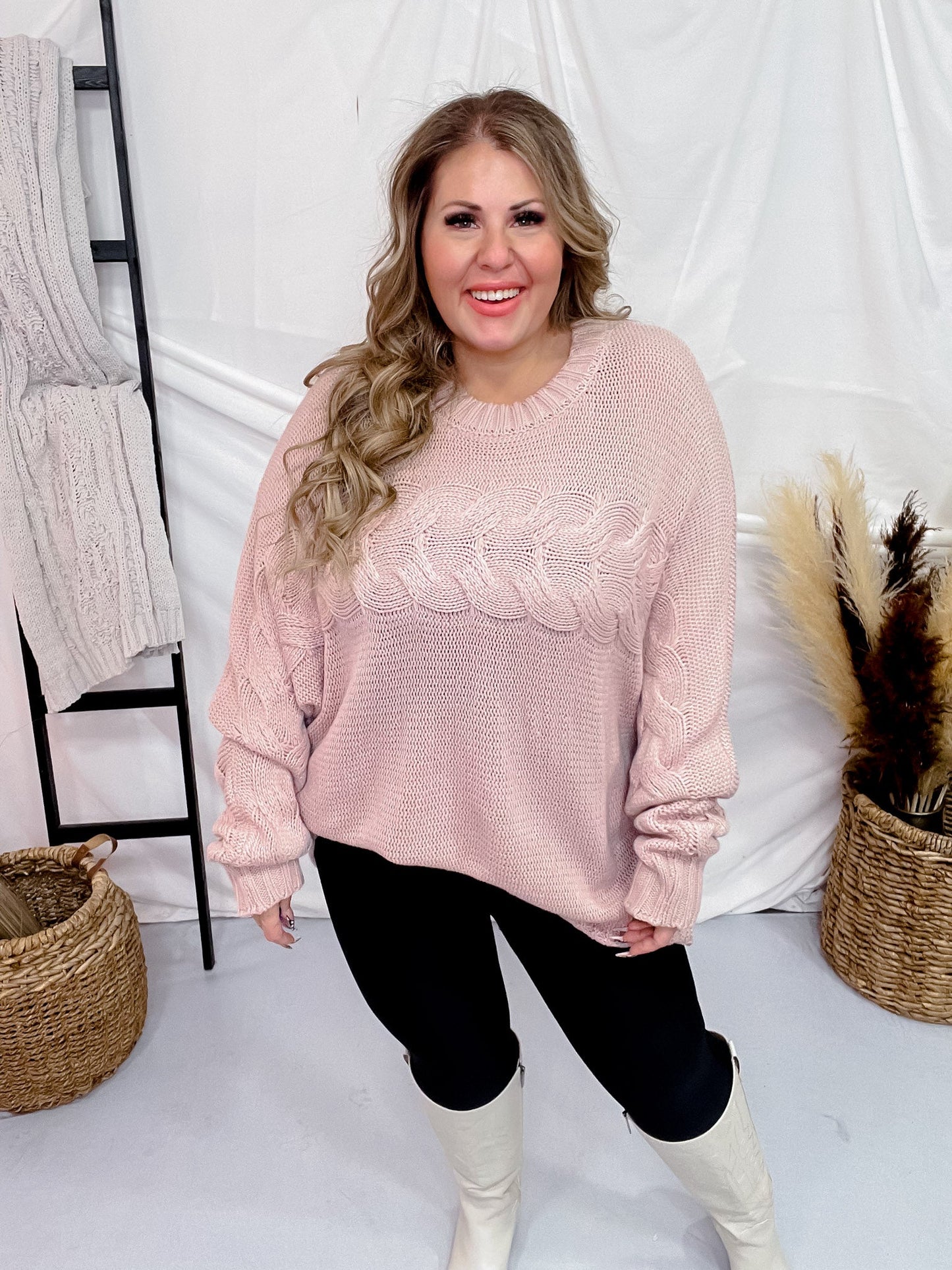 Dusty Rose Cable Knit Sweater - Whiskey Skies - WHITE BIRCH