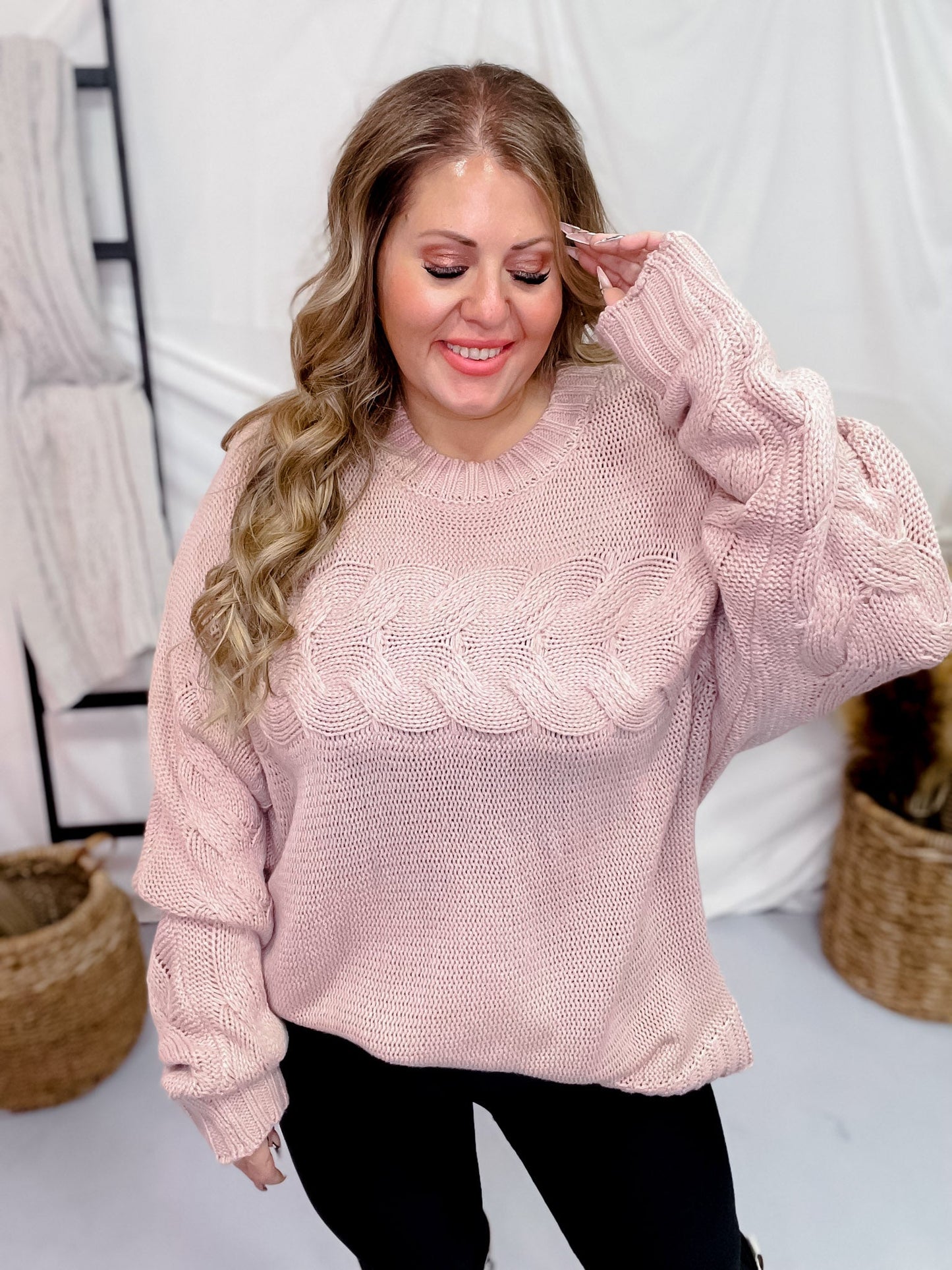 Dusty Rose Cable Knit Sweater - Whiskey Skies - WHITE BIRCH