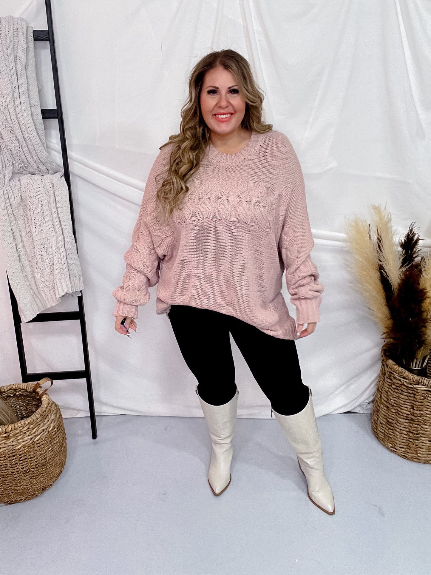 Dusty Rose Cable Knit Sweater - Whiskey Skies - WHITE BIRCH