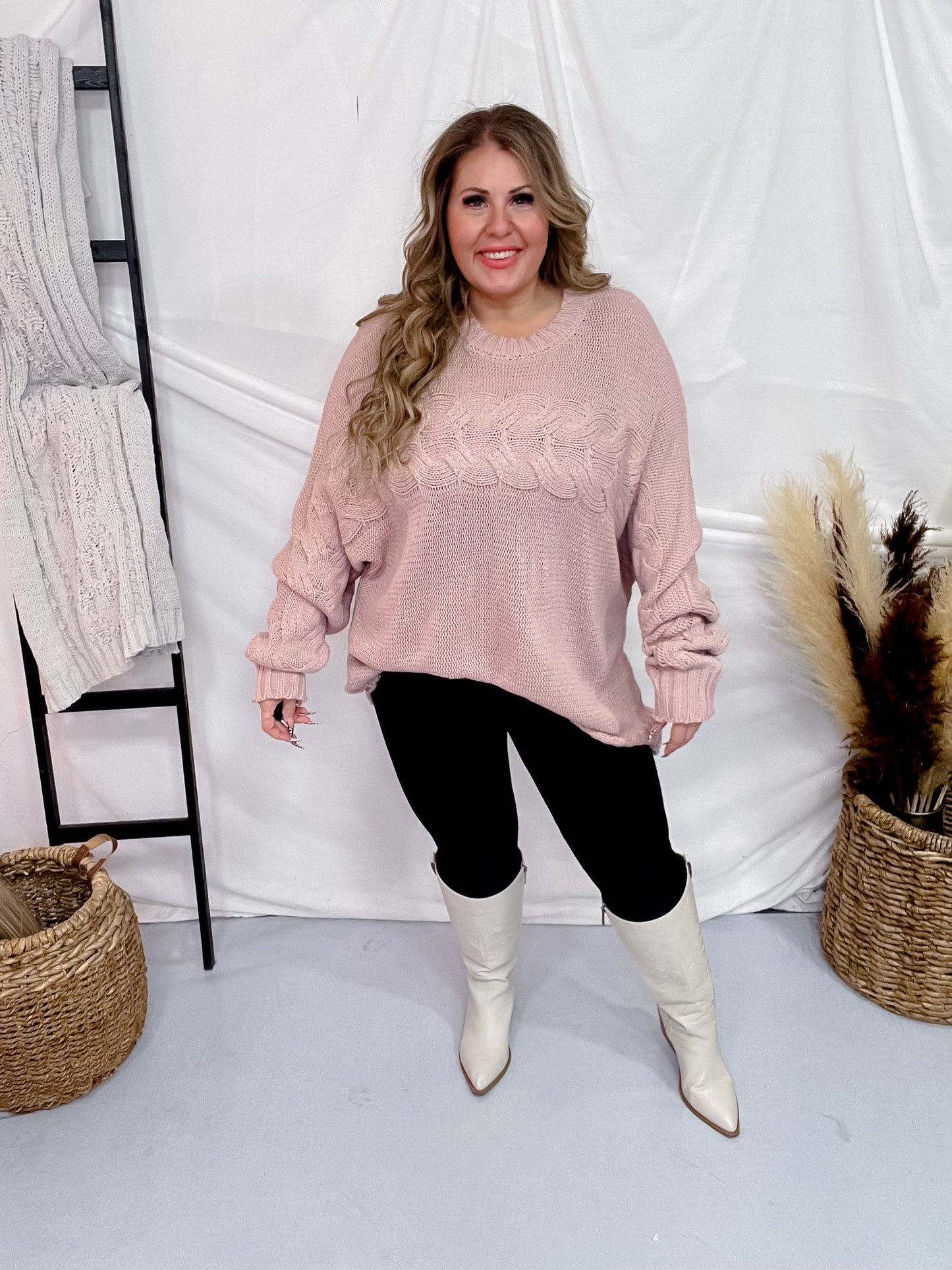 Dusty Rose Cable Knit Sweater - Whiskey Skies - WHITE BIRCH