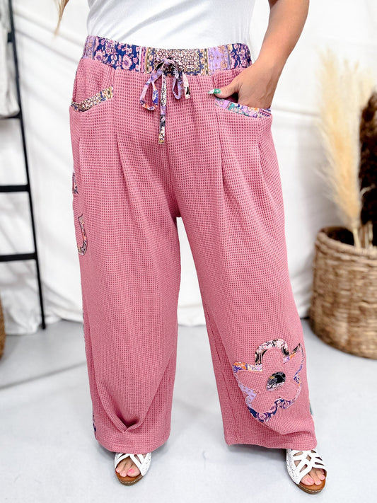 Dusty Rose Waffle Knit Lounge Pants With Floral Appliques - Whiskey Skies - DAVI & DANI