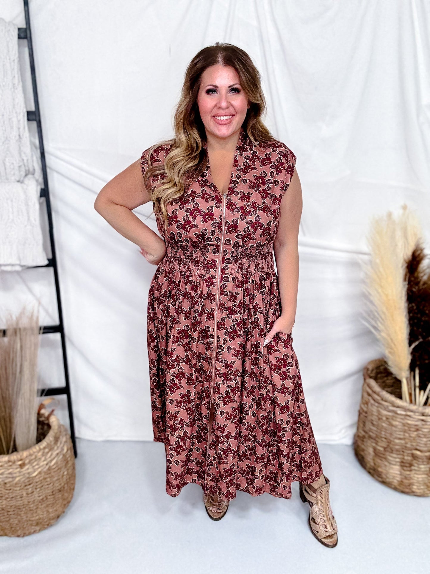 Dusty Rose & Wine Floral Print Zip Front Midi Dress - Whiskey Skies - SHE + SKY