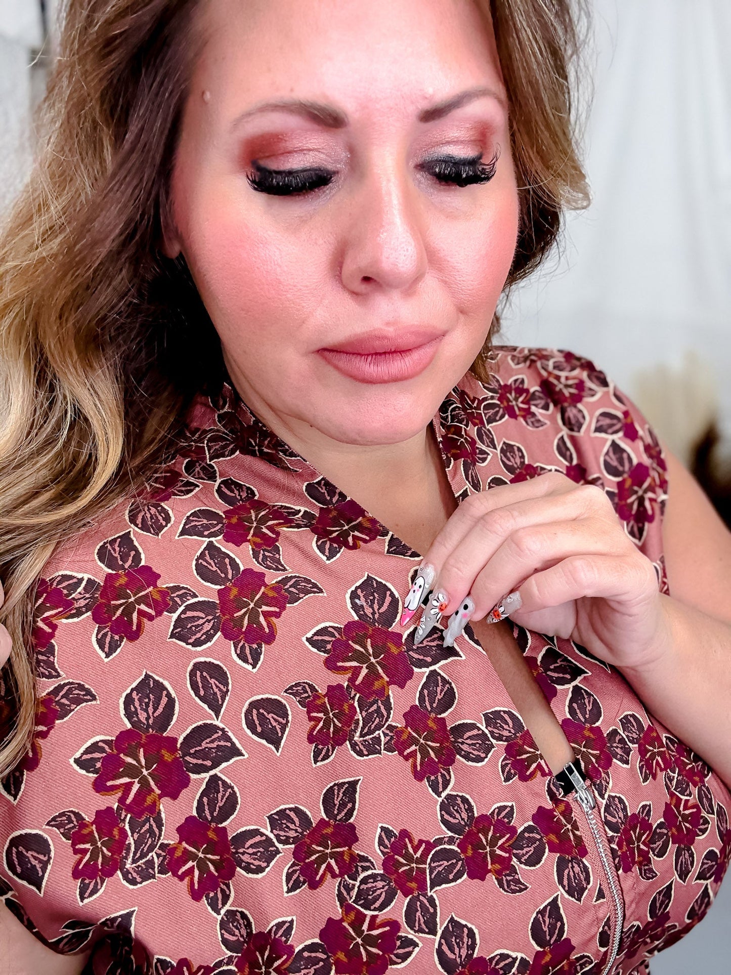 Dusty Rose & Wine Floral Print Zip Front Midi Dress - Whiskey Skies - SHE + SKY
