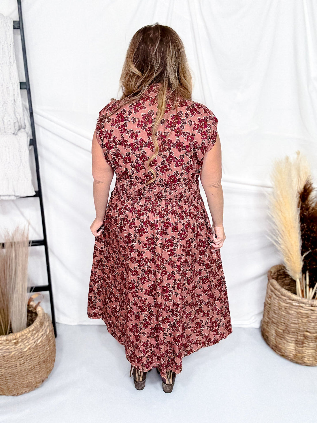 Dusty Rose & Wine Floral Print Zip Front Midi Dress - Whiskey Skies - SHE + SKY