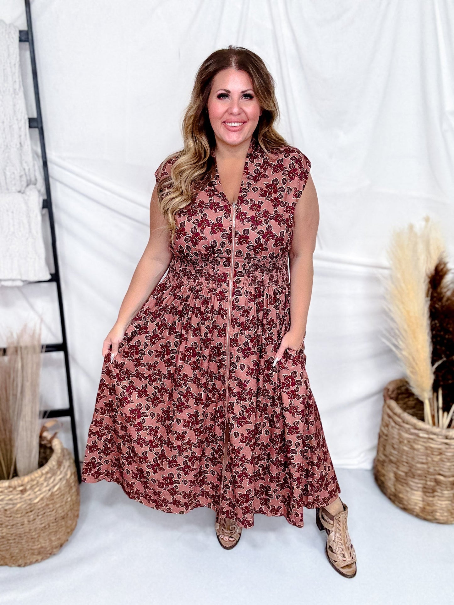 Dusty Rose & Wine Floral Print Zip Front Midi Dress - Whiskey Skies - SHE + SKY