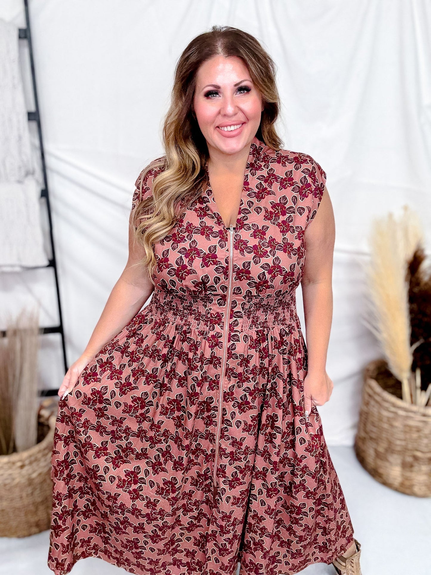 Dusty Rose & Wine Floral Print Zip Front Midi Dress - Whiskey Skies - SHE + SKY