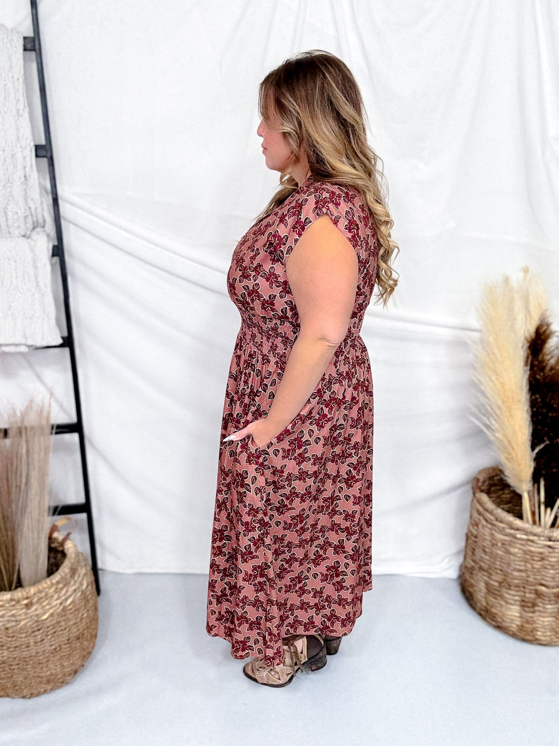 Dusty Rose & Wine Floral Print Zip Front Midi Dress - Whiskey Skies - SHE + SKY