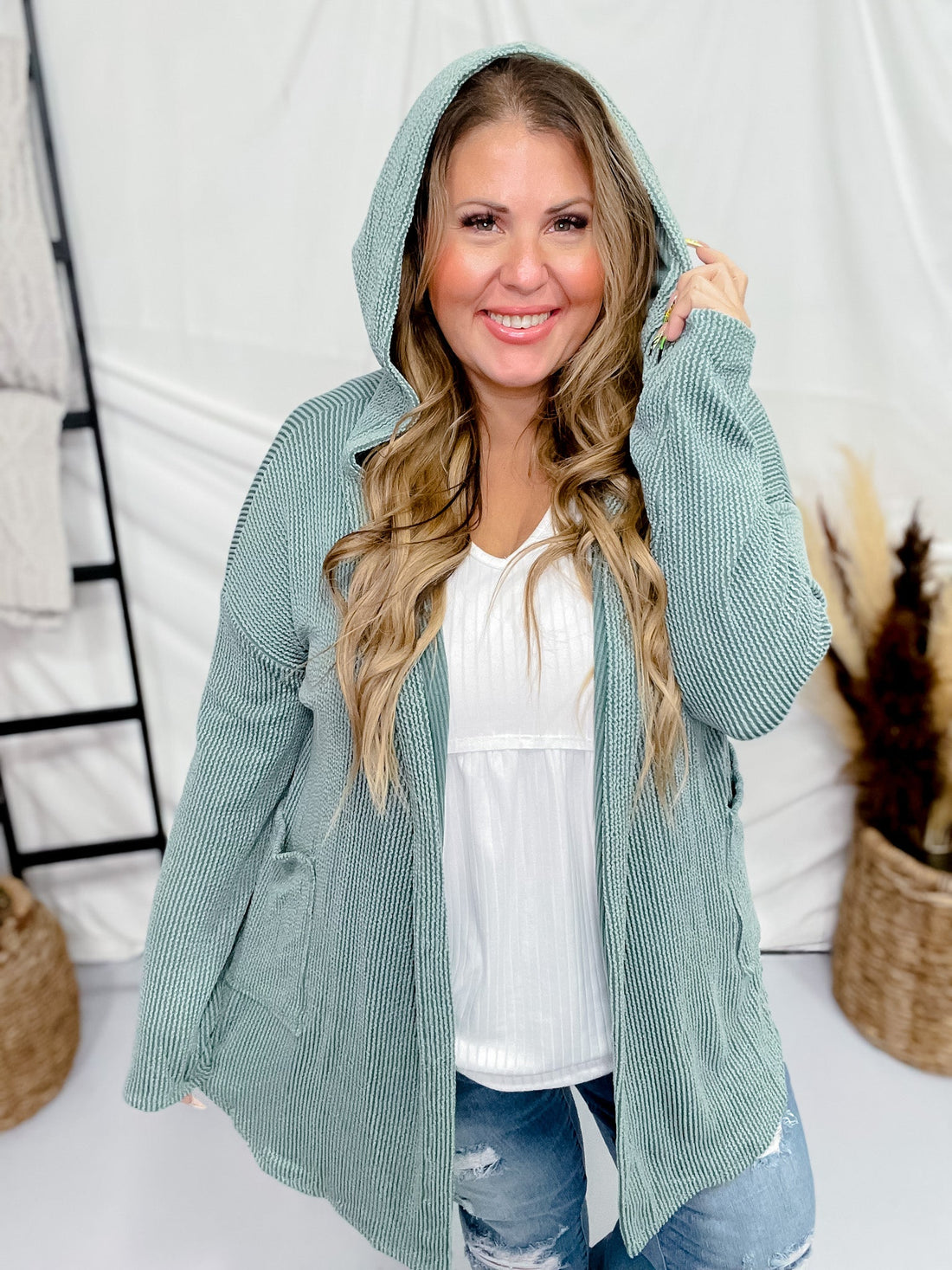 Dusty Teal Long Sleeve Open Front Hooded Cardigan - Whiskey Skies - HEIMISH