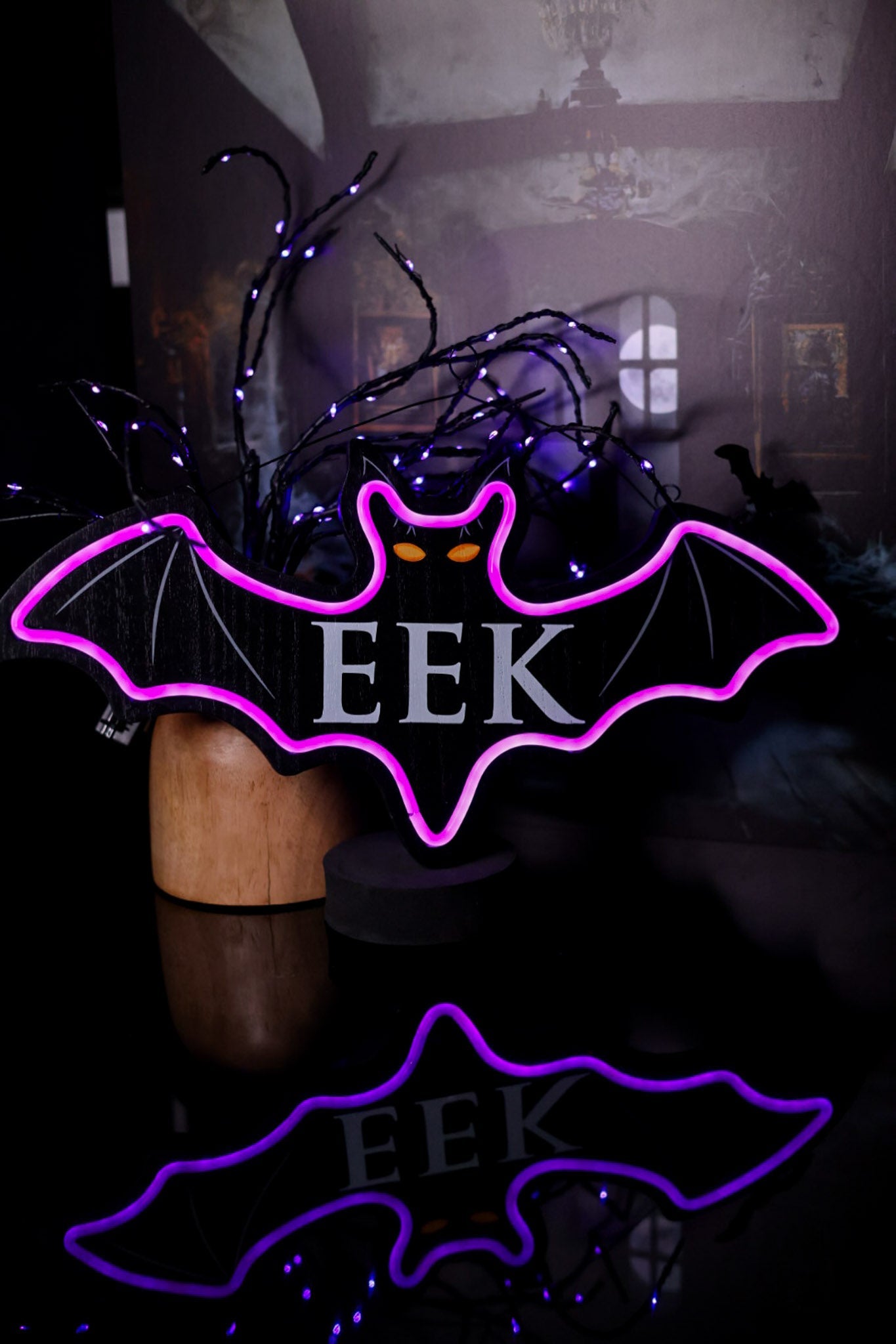 Eek Wood and Neon Hanging Bat Sign - Whiskey Skies - SPECIAL T IMPORTS INC