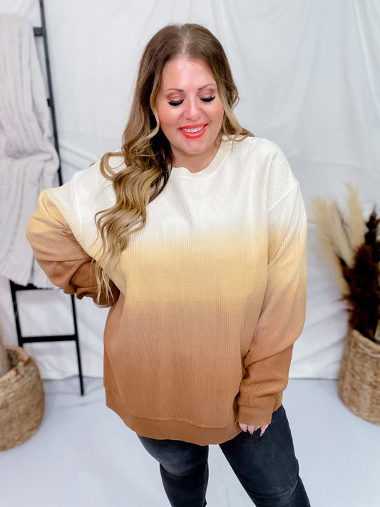 Eggnog & Toffee Ombre Corded Crewneck Sweatshirt - Whiskey Skies - MOON RYDER