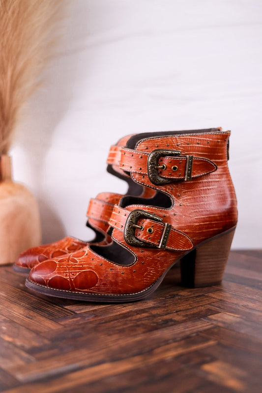 Embossed Leather Ankle Boots With Vintage Buckles - Whiskey Skies - SPRING FOOTWEAR