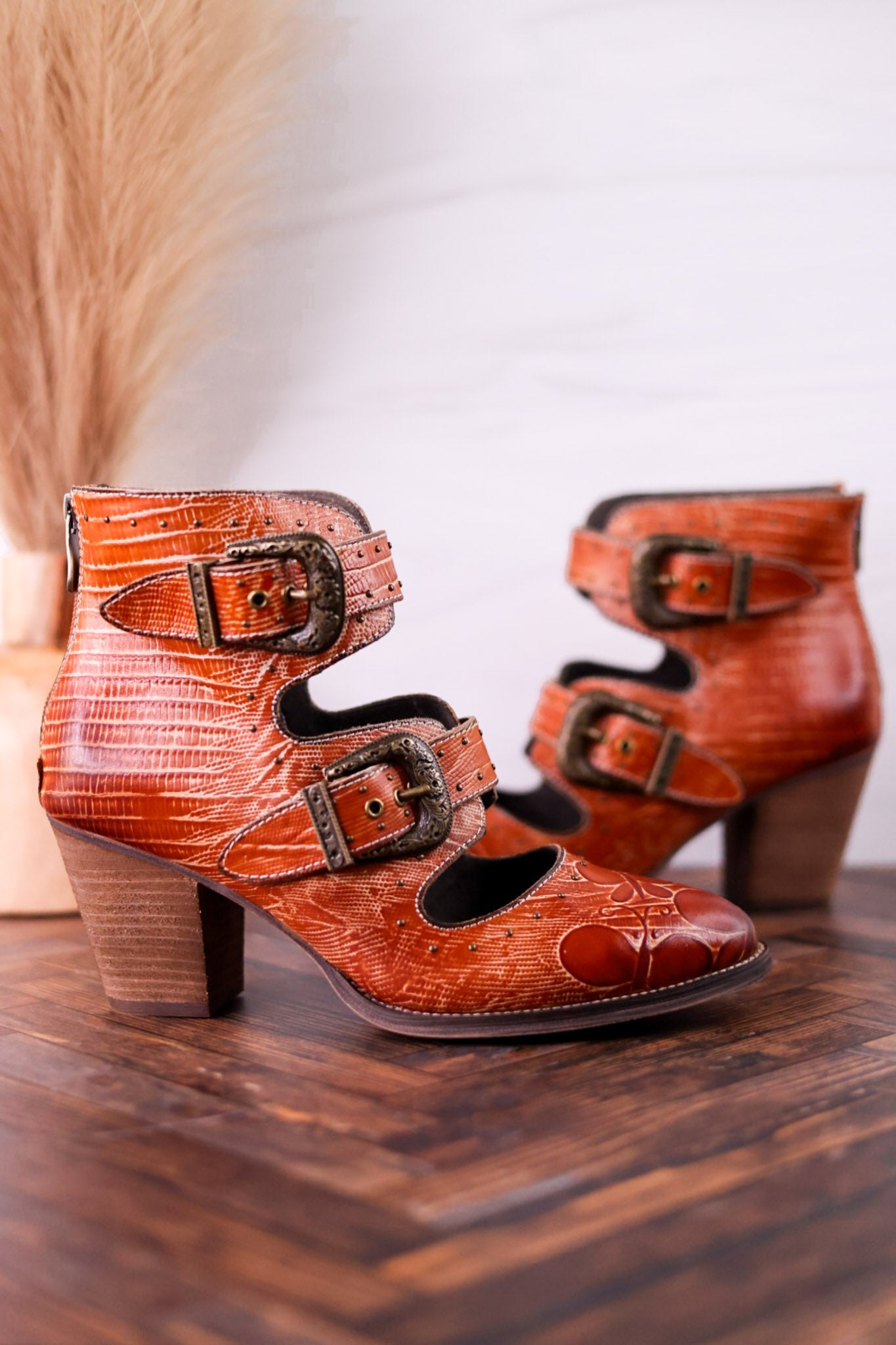 Embossed Leather Ankle Boots With Vintage Buckles - Whiskey Skies - SPRING FOOTWEAR