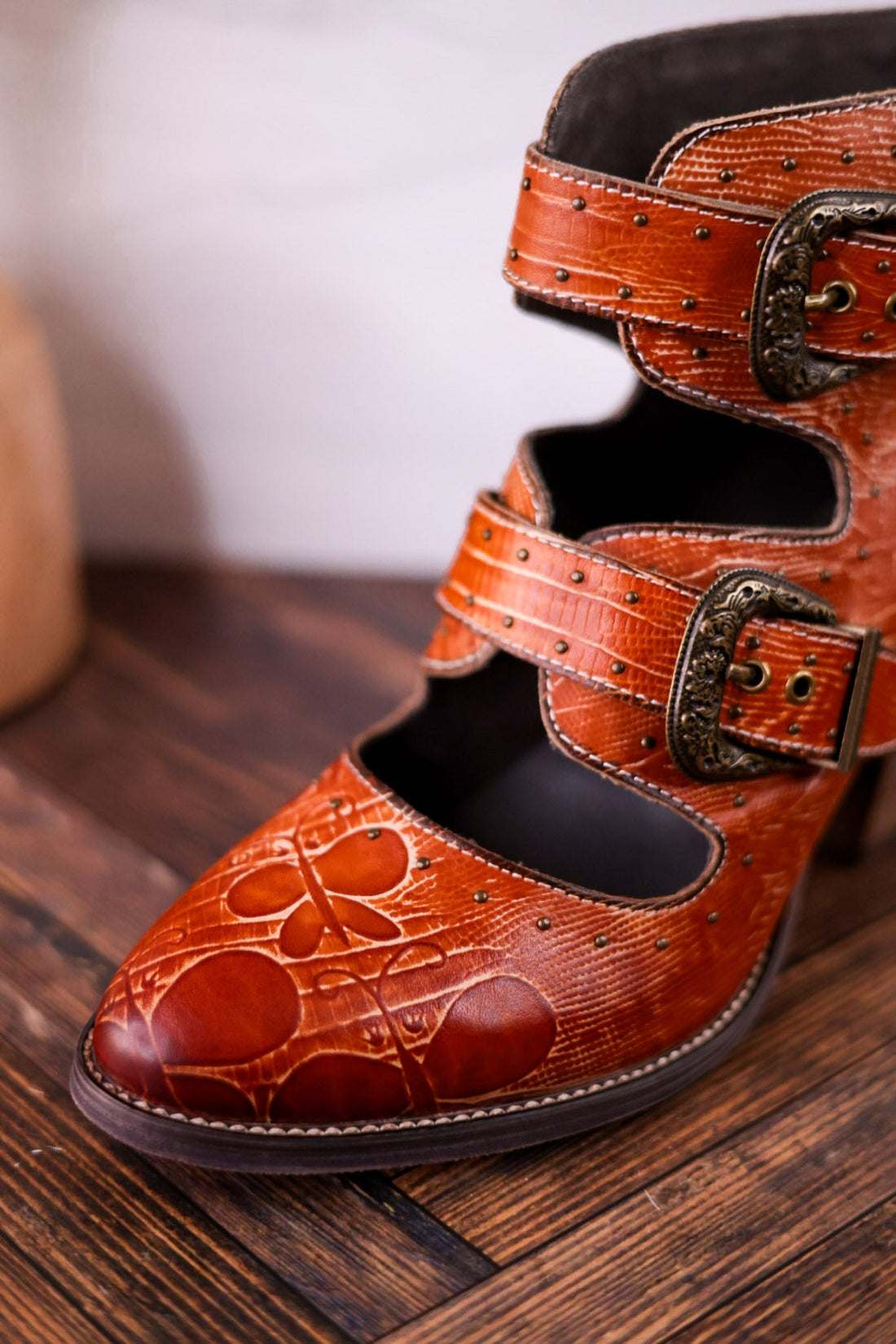 Embossed Leather Ankle Boots With Vintage Buckles - Whiskey Skies - SPRING FOOTWEAR