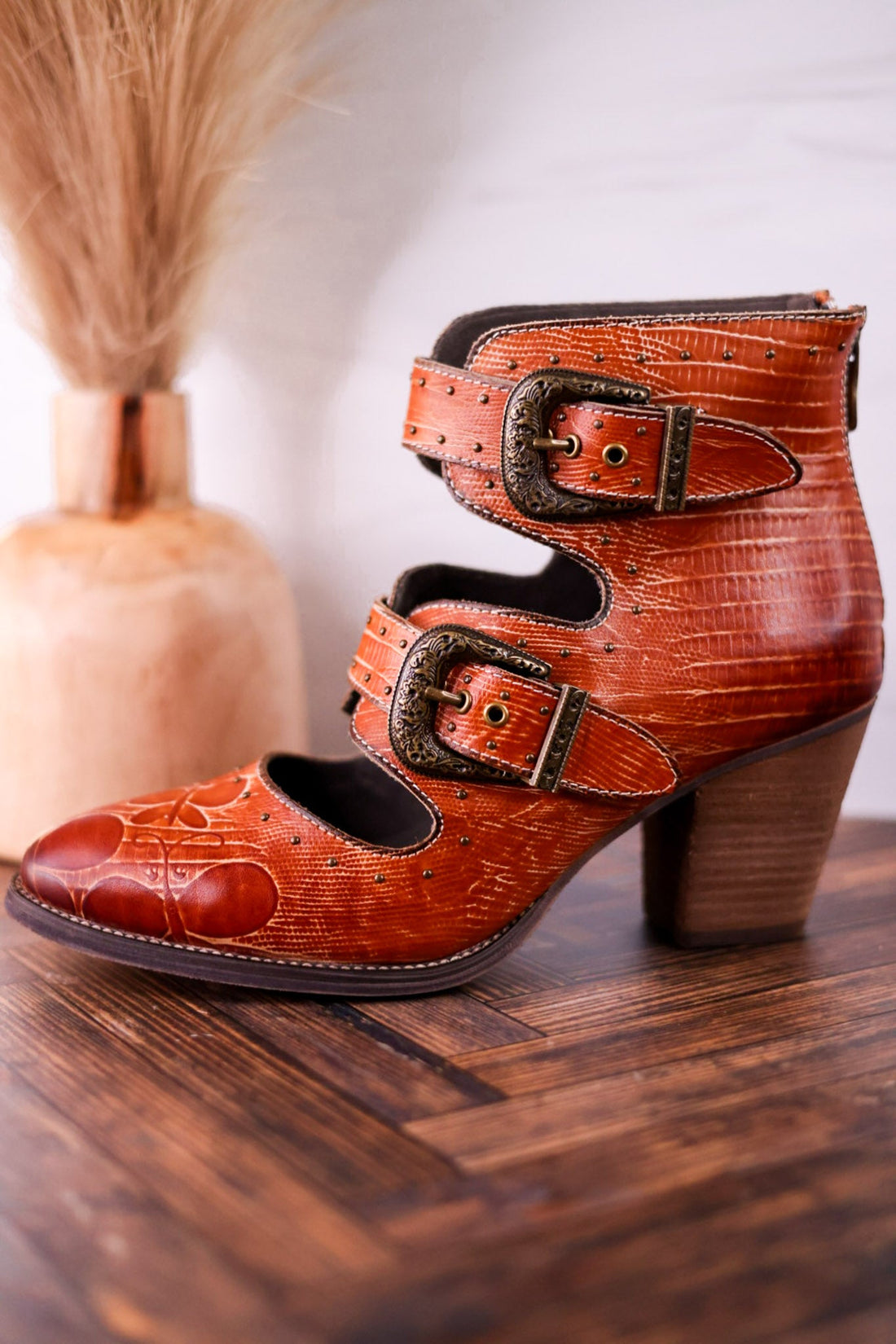 Embossed Leather Ankle Boots With Vintage Buckles - Whiskey Skies - SPRING FOOTWEAR