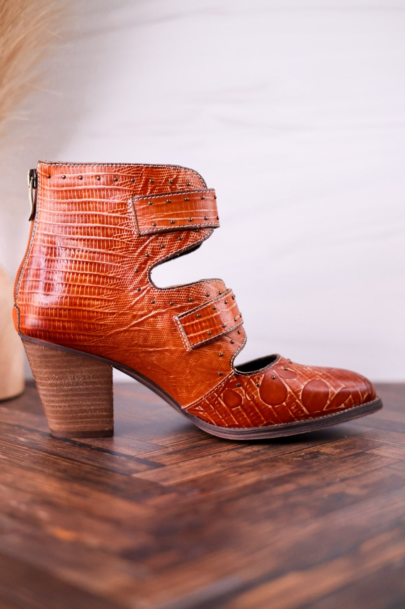 Embossed Leather Ankle Boots With Vintage Buckles - Whiskey Skies - SPRING FOOTWEAR