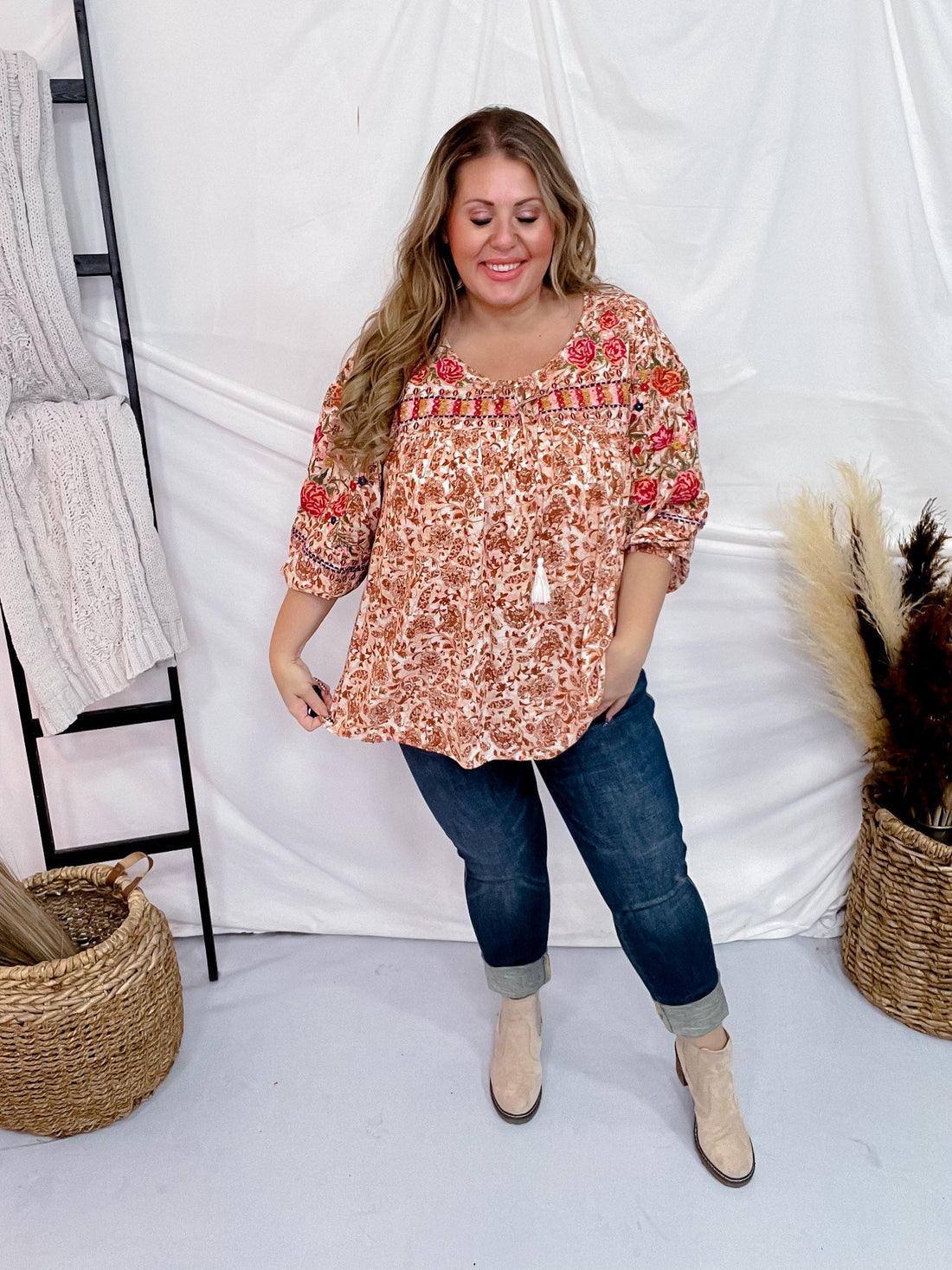 Embroidered Babydoll Top W/ V - Neckline - Whiskey Skies - ANDREE BY UNIT