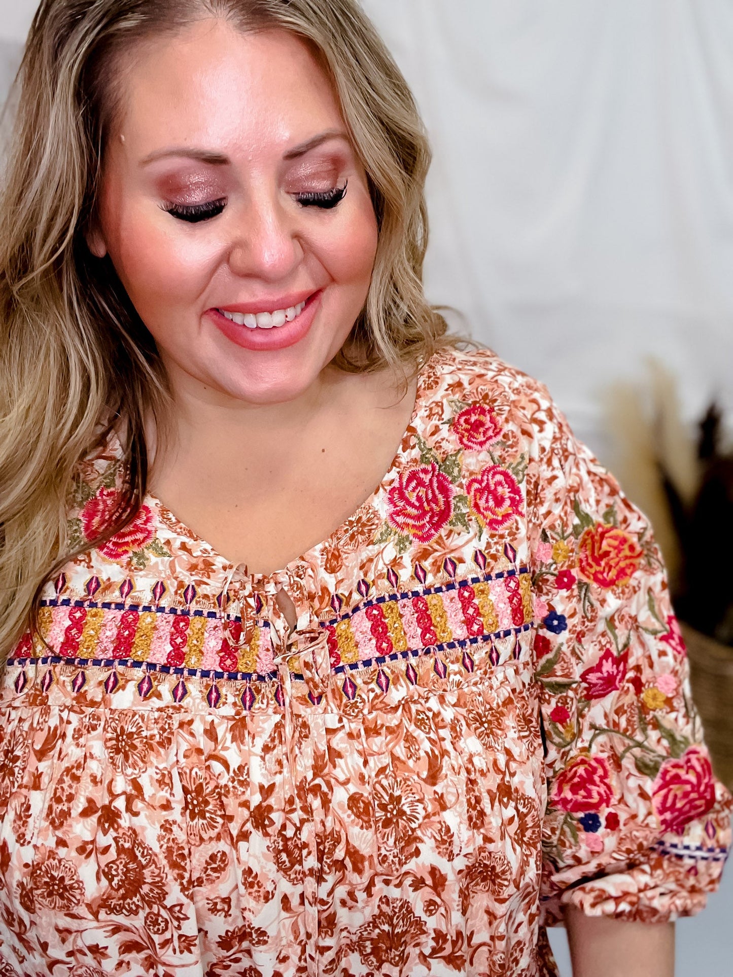 Embroidered Babydoll Top W/ V - Neckline - Whiskey Skies - ANDREE BY UNIT