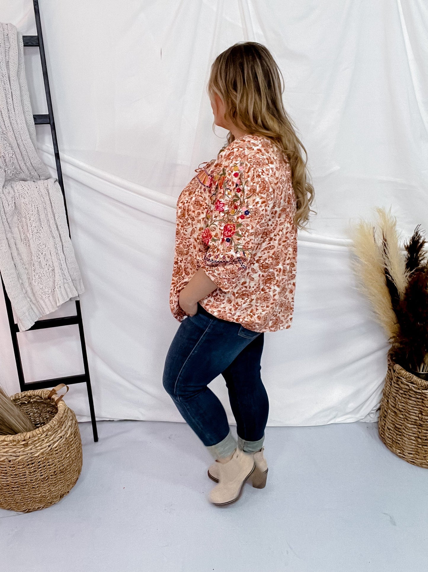 Embroidered Babydoll Top W/ V - Neckline - Whiskey Skies - ANDREE BY UNIT