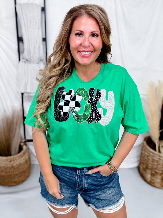 Embroidered St. Patrick's Day "Lucky" Short Sleeve Shirt - Whiskey Skies - SOUTHERN BELLE