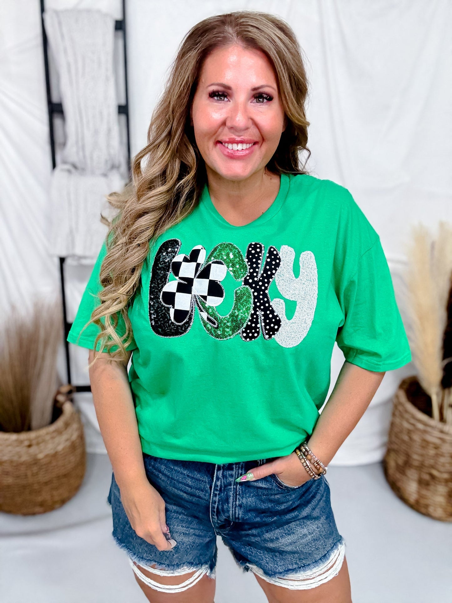 Embroidered St. Patrick's Day "Lucky" Short Sleeve Shirt - Whiskey Skies - SOUTHERN BELLE