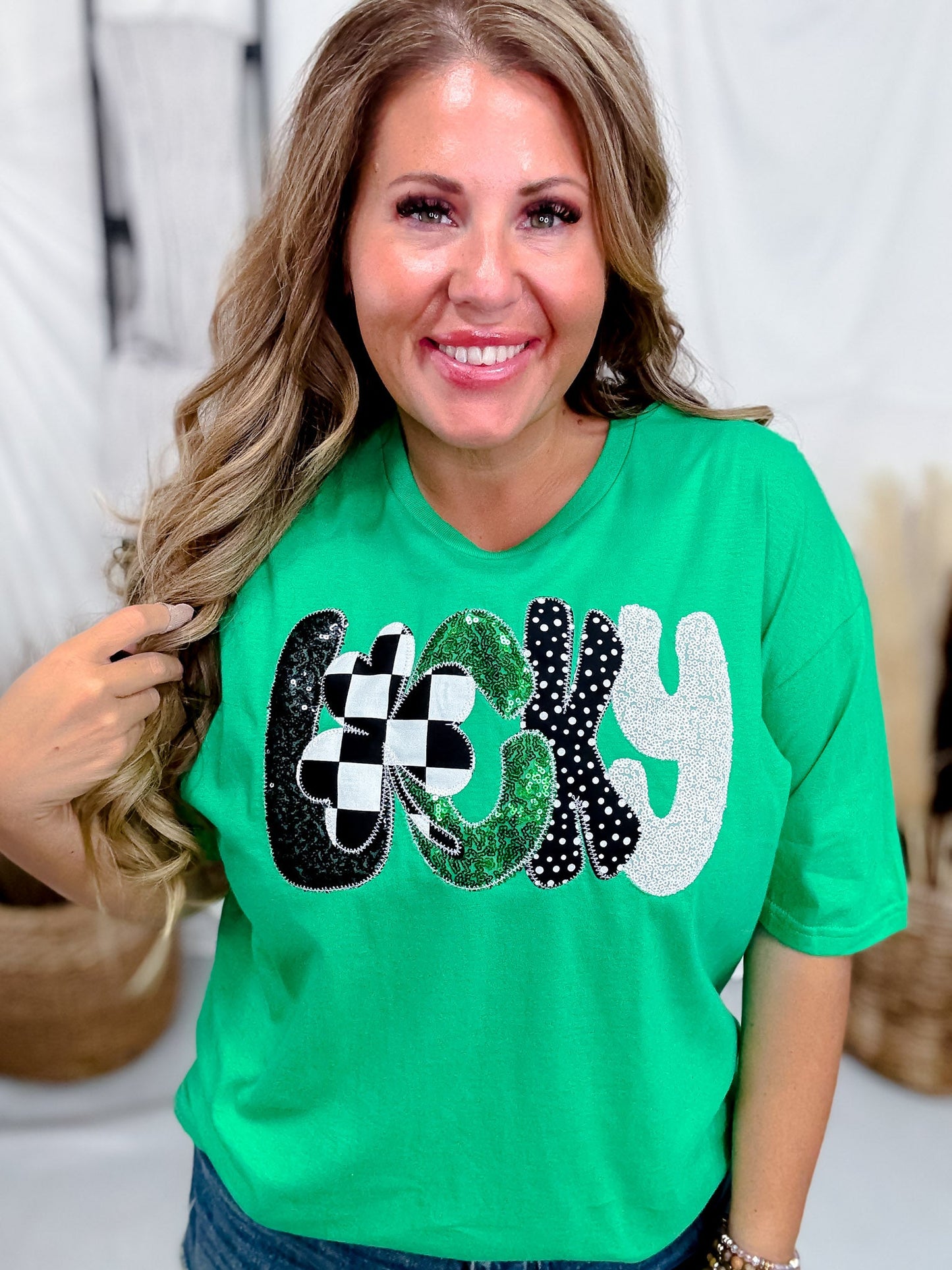 Embroidered St. Patrick's Day "Lucky" Short Sleeve Shirt - Whiskey Skies - SOUTHERN BELLE