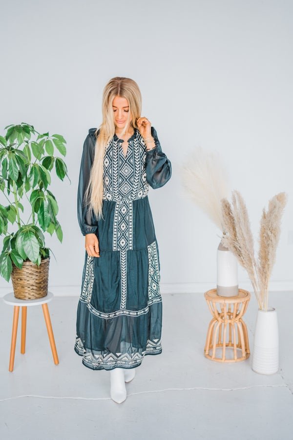 Embroidered Tiered Maxi Dress - Whiskey Skies - ANDREE BY UNIT