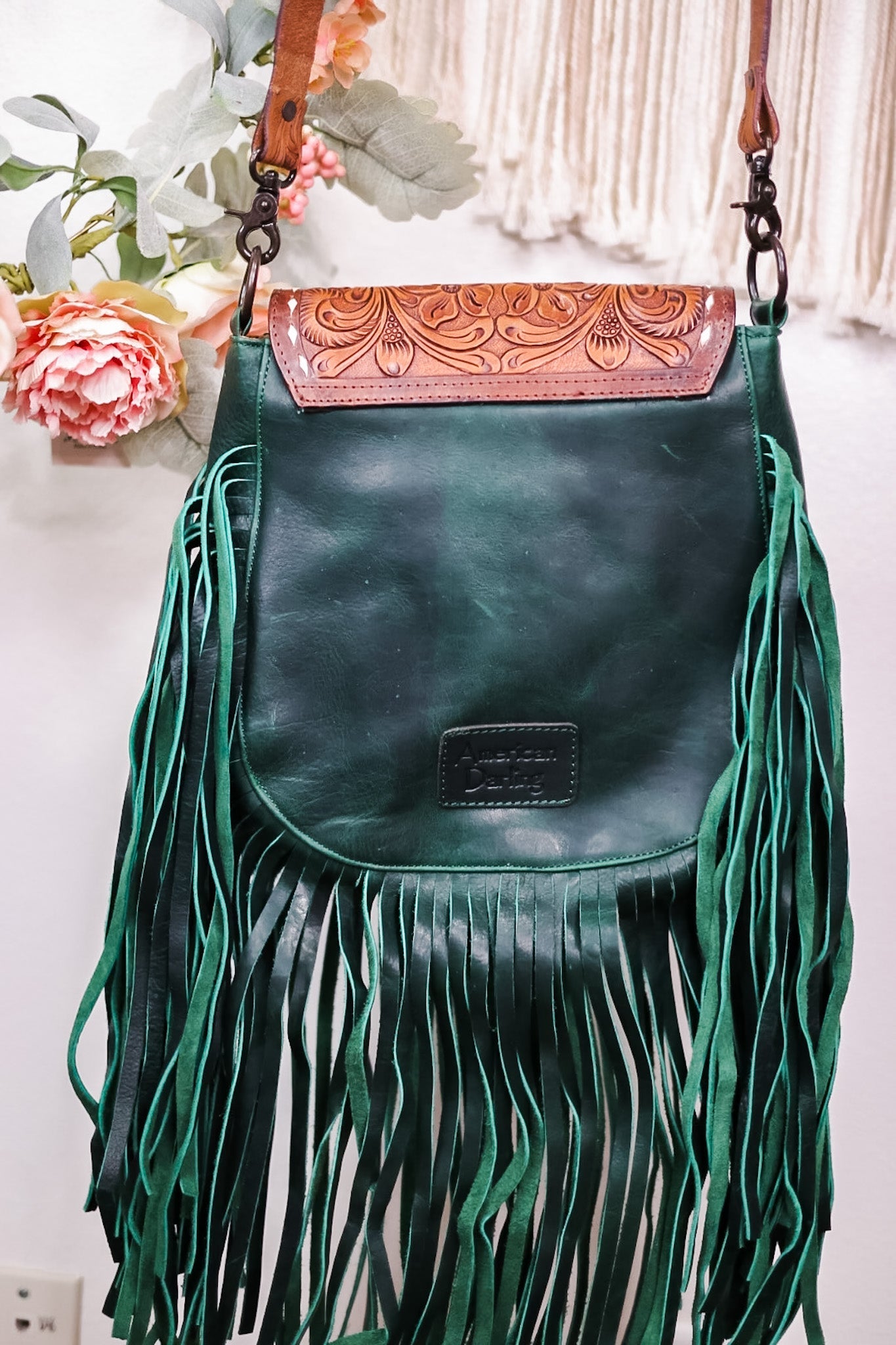 Emerald Green Leather Cross body Bag with Fringe - Whiskey Skies - AMERICAN DARLING