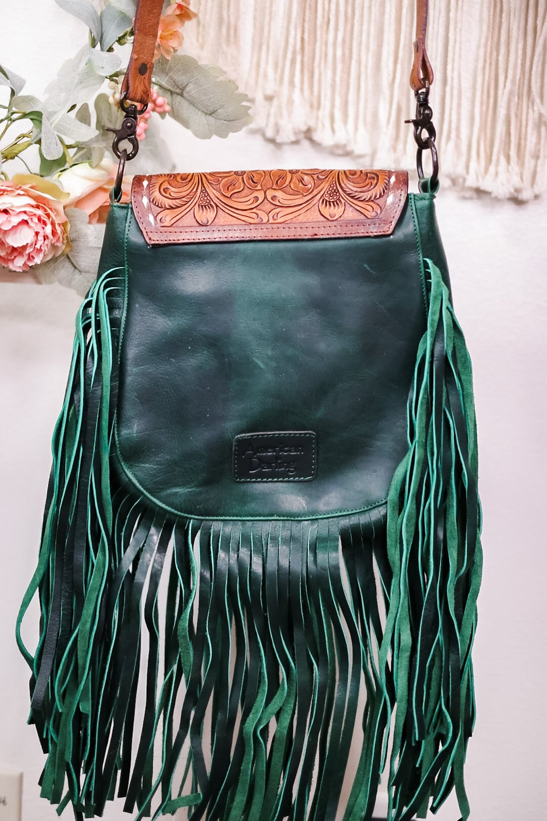 Emerald Green Leather Cross body Bag with Fringe - Whiskey Skies - AMERICAN DARLING